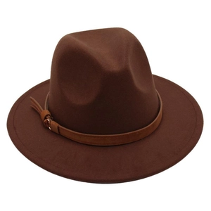 Detail of dark brown wool fedora with synthetic leather belt buckle and wide brim