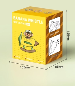 Banana plane whistle toy packaging detail showing 105x85x125mm box size and features