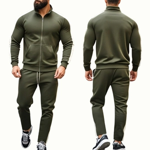 Men's dark green sports tracksuit with stand collar jacket and white side stripes