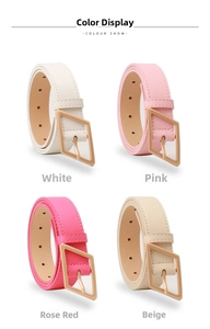 Detailed grid view of stylish women's PU leather belts in four colors with gold buckles