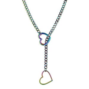 Gothic rainbow Cuban chain necklace with double heart pendants in a Y-shaped design