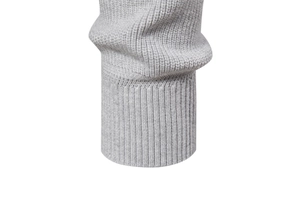 Detail of light gray men's sweater featuring elastic ribbed cuffs and knit texture