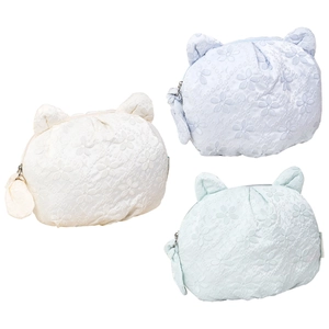 Three-piece cute cat-ear cosmetic bags set in white, blue, and green lace fabric