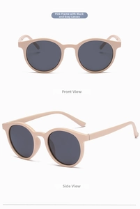 Detailed front and side views of vintage round pink sunglasses with dark grey lenses