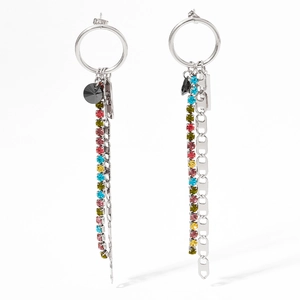 Modern colorful rhinestone tassel hoop earrings in silver stainless steel for women
