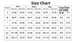 Detailed size chart for women swimsuit featuring measurements for bust waist and hips from S to 3XL