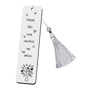Polished stainless steel bookmark with white tassel and engraved tree of life design