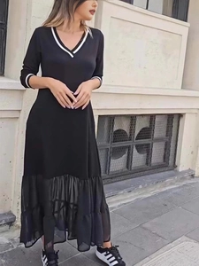 Robe Mi-Longue Décontractée Pour Femmes Noir Manches Longues Col En V Rayures Contrastées Ourlet En Maille Superposée
