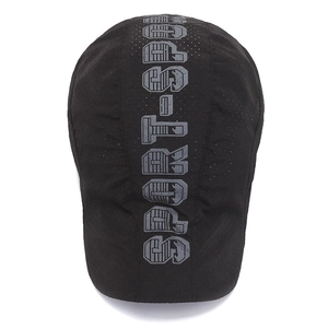 Black breathable sports cycling cap with laser-cut holes and vertical SPORTS text print