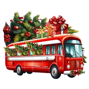Vibrant red Christmas bus wall decal featuring festive tree, gifts, and gingerbread man