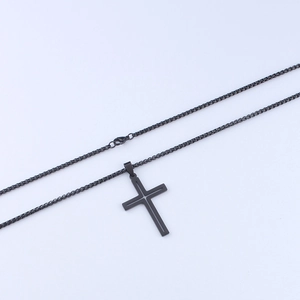 Polished black stainless steel hollow cross pendant necklace with box chain for unisex style