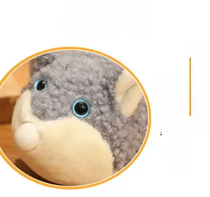 Close-up of curly grey plush fabric and cute facial details on the stuffed animal doll