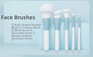 Detailed close-up of 5 professional blue and white face makeup brushes with soft bristles