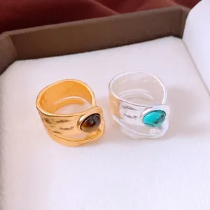 Retro double-layer open rings with turquoise and tiger eye stones in gold and silver finish