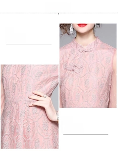 Détails de la robe qipao rose avec broderie, col mandarin et coupe ajustée à la taille