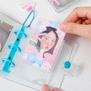 Cartoon bear PVC 3-hole binder photo album with transparent card pockets and blue charm