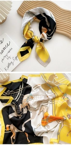 Detail of silk square scarf featuring vintage horse carriage print in yellow and black