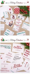 Variety of festive paper gift tags with Merry Christmas greetings and holiday patterns