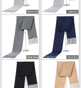 Detail view of solid color tassel scarves in grey, navy, black and khaki tones