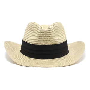 Unisex foldable Panama straw hat with black ribbon for summer beach sun protection