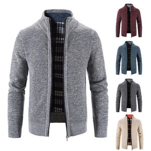 Men's Knit Cardigan Jacket Stand Collar Zip-Up Fleece Lined Checkered Thermal Sweater Winter Outerwear Casual