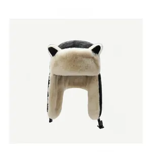 Detailed view of winter plush trapper hat with cute cat ears and buckle strap