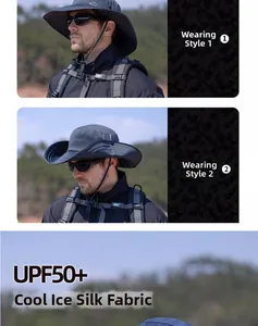 Détail du chapeau de pêche en soie glacée respirant avec protection UPF50+ et large bord