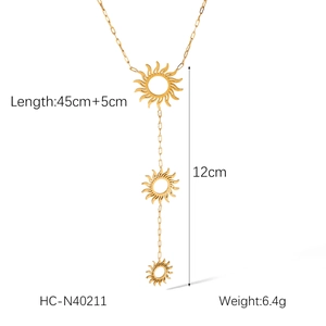 Golden sun pendant Y-necklace details showing 45cm length and 12cm drop measurement