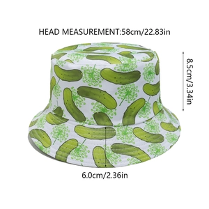 Detailed size chart for white bucket hat with pickle print showing crown and brim dimensions