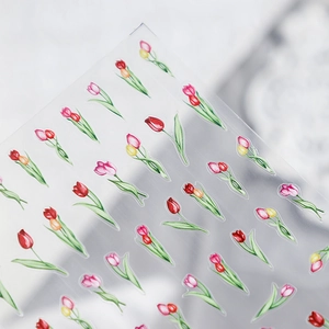 Cute transparent tulip nail art stickers with watercolor floral designs for manicure