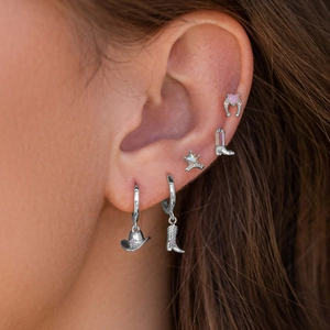 Western cowboy style 5-piece earring set with hat, boots, and sheriff star in silver finish