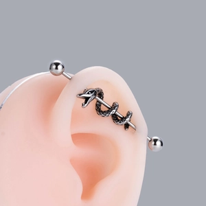 Detail view of silver stainless steel industrial barbell featuring a coiled snake design