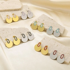 Modern Stainless Steel Geometric Round Stud Earrings For Women Colorful Enamel Drip Oil Smooth Metal Earrings Jewelry