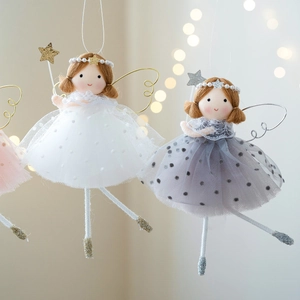 Cute angel doll hanging ornaments with polka dot tulle dress and stars for Christmas decor