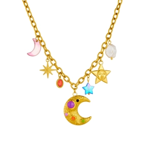 Gold chain necklace featuring colorful moon and star pendants with pearls and red gems