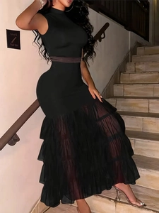 Women Sexy Sleeveless Bodycon Maxi Dress Tulle Tiered Mermaid Hem Knitted Spliced Elegant Evening Party Gown Black