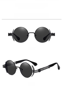 Macro shot of black round metal sunglasses frame in punk style with C.01 model detail