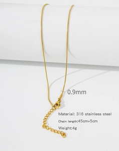 Detail view of 0.9mm golden snake chain in 316 stainless steel with size specifications