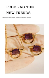 Macro shot of purple geometric zircon pendant necklace and earrings in gold-plated brass