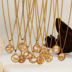 Zodiac Sign Necklace Stainless Steel Round Pendant White Mother Of Artificial Pearl Inlay PVD Gold Plated Twist Chain Fashion Women
