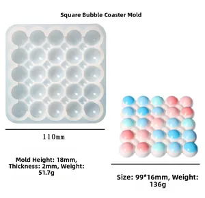 Detailed view of bubble silicone coaster mold with square dimensions and parameters