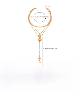Detailed sizing chart for layered gold tassel cross necklace with zinc alloy specs