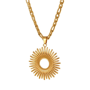 Retro gold plated sunburst hollow pendant necklace with classic Figaro chain for women