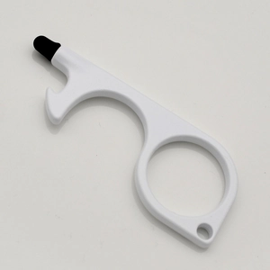 Close-up of white non-contact door opener tool with black stylus tip for touchscreens