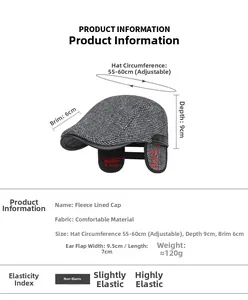Sizing guide for men's winter wool hat showing adjustable 55-60cm circumference and ear flaps