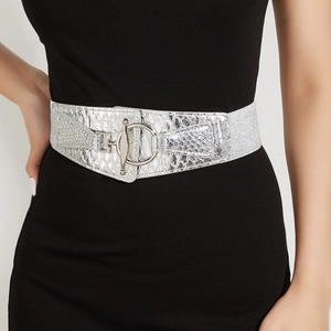 Women Fashion Silver Elastic Wide Corset Belt Stylish Faux Snake Leather Waistband With Round Metal Buckle For Dresses Coat
