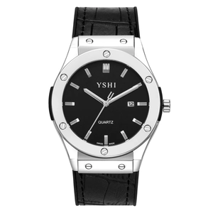 Classic men's quartz watch with black dial, silver case and black leather strap