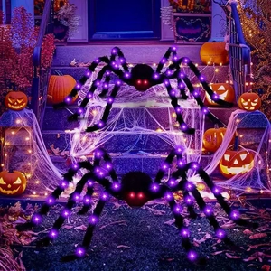 Halloween Giant Light Up Spider Web Plush Scary Glowing Red Eyes Purple LED Legs Outdoor Party Decoration Prop