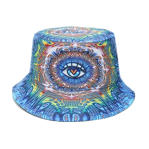 Detailed view of the vibrant psychedelic evil eye pattern on a canvas bucket hat