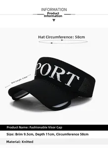 Detailed size specifications for black knitted sports visor showing brim and depth measurements